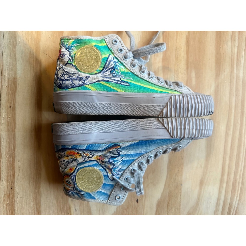 PF Flyers Center Hi Top Sneakers Women 9.5 Blue Green Koi Fish Wave Print Canvas